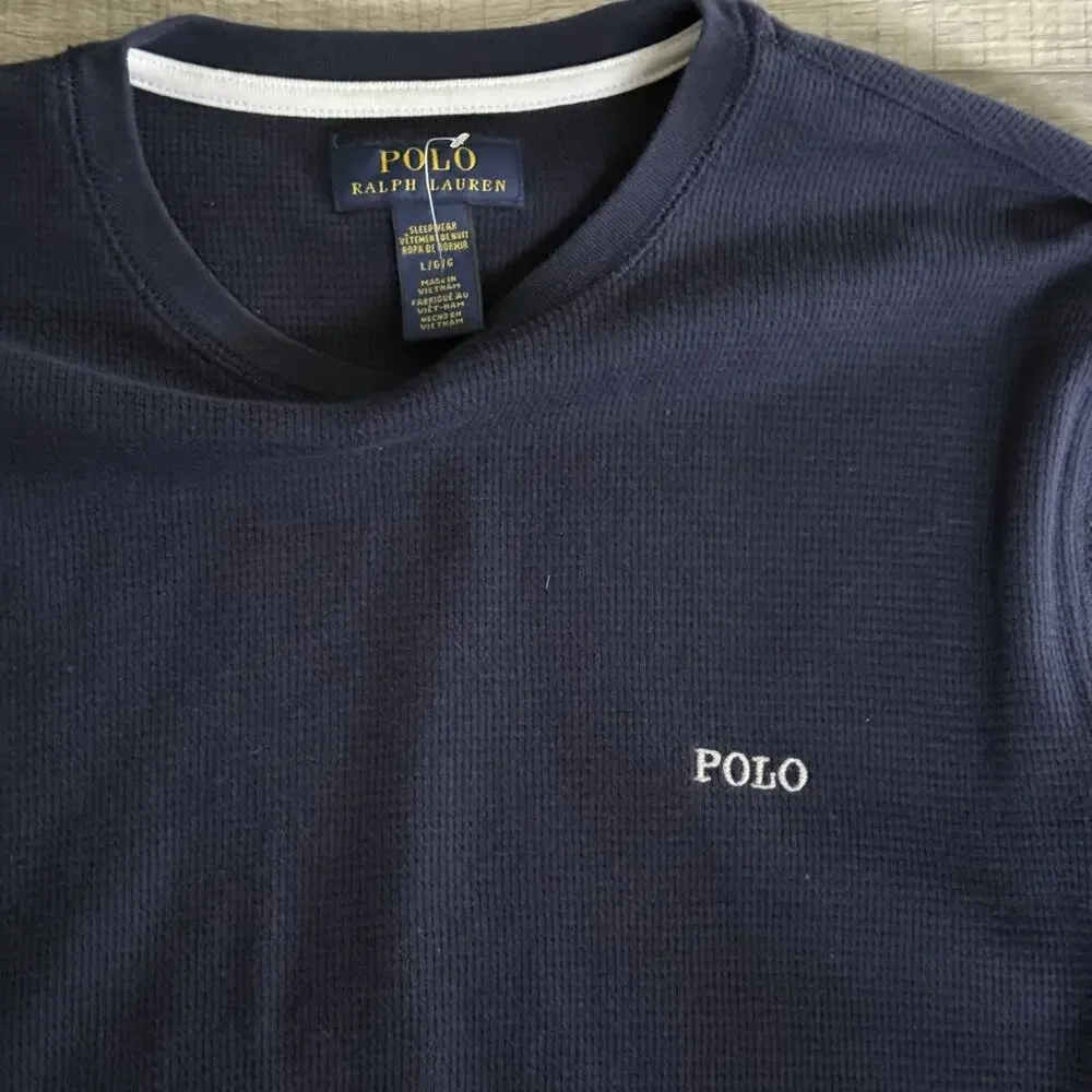 POLO RALPH LAUREN Large Navy Blue Waffle Knit Thermal Sleep Shirt Crewneck